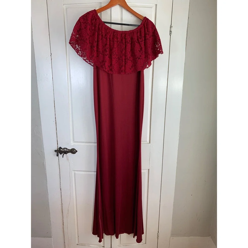 Burgundy Lace Off-Shoulder Maxi‎ Dress Romantic Vampire Whimsigoth Soft Goth M
